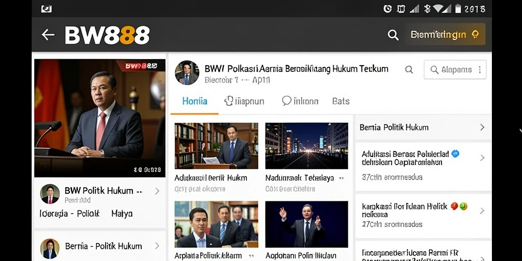 Antarmuka BW888 menampilkan berita politik dan hukum secara jelas dan menarik.