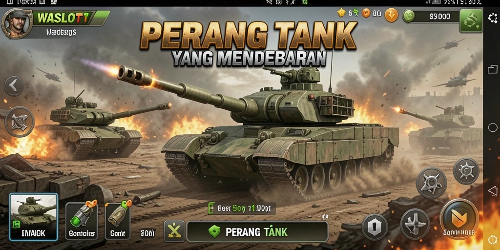 Antarmuka permainan WASLOT yang penuh aksi dengan tank yang berperang.